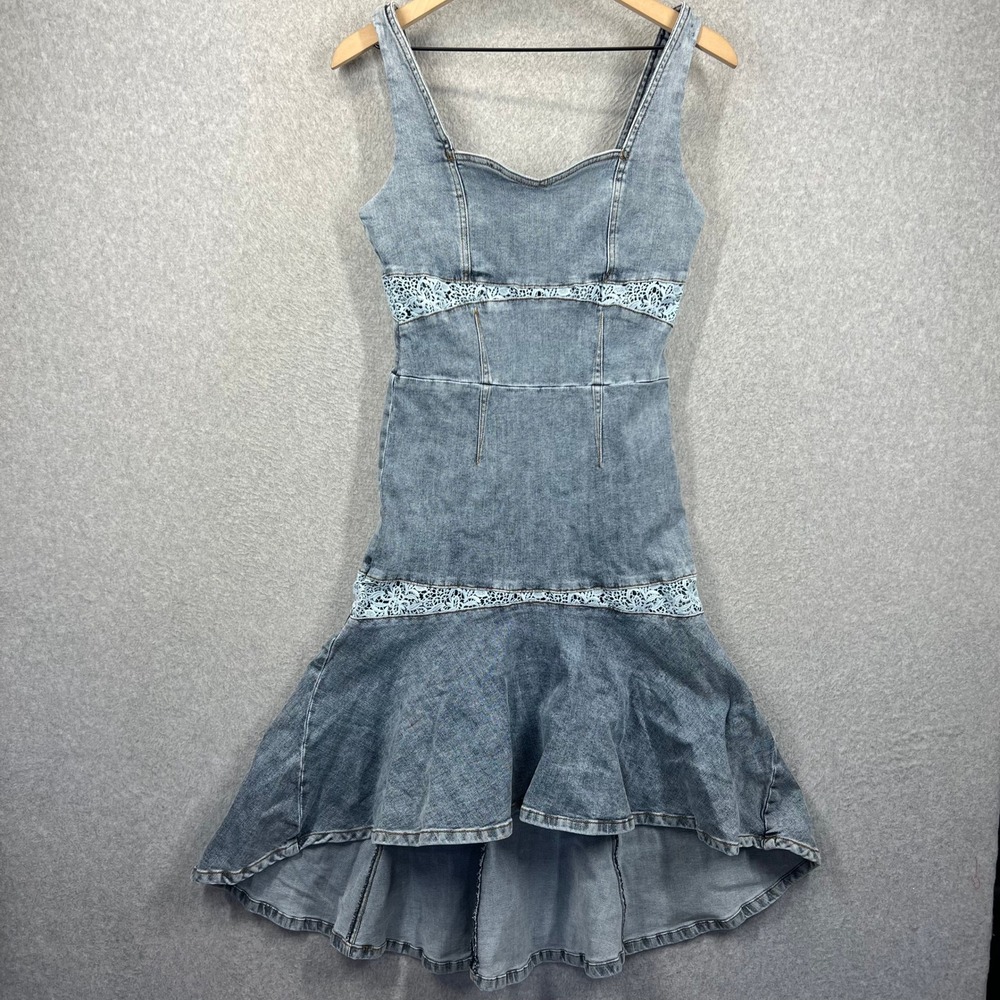 Bebe Lace Insert Hi Lo Denim Dress Womens 4 Blue Sleeveless Flare NWT